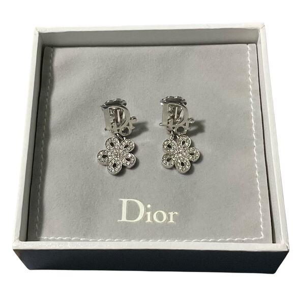 Christian Dior Flora Rhinestone x Metal Silver Earrings W/Box/Dustbag - Picture 1 of 14